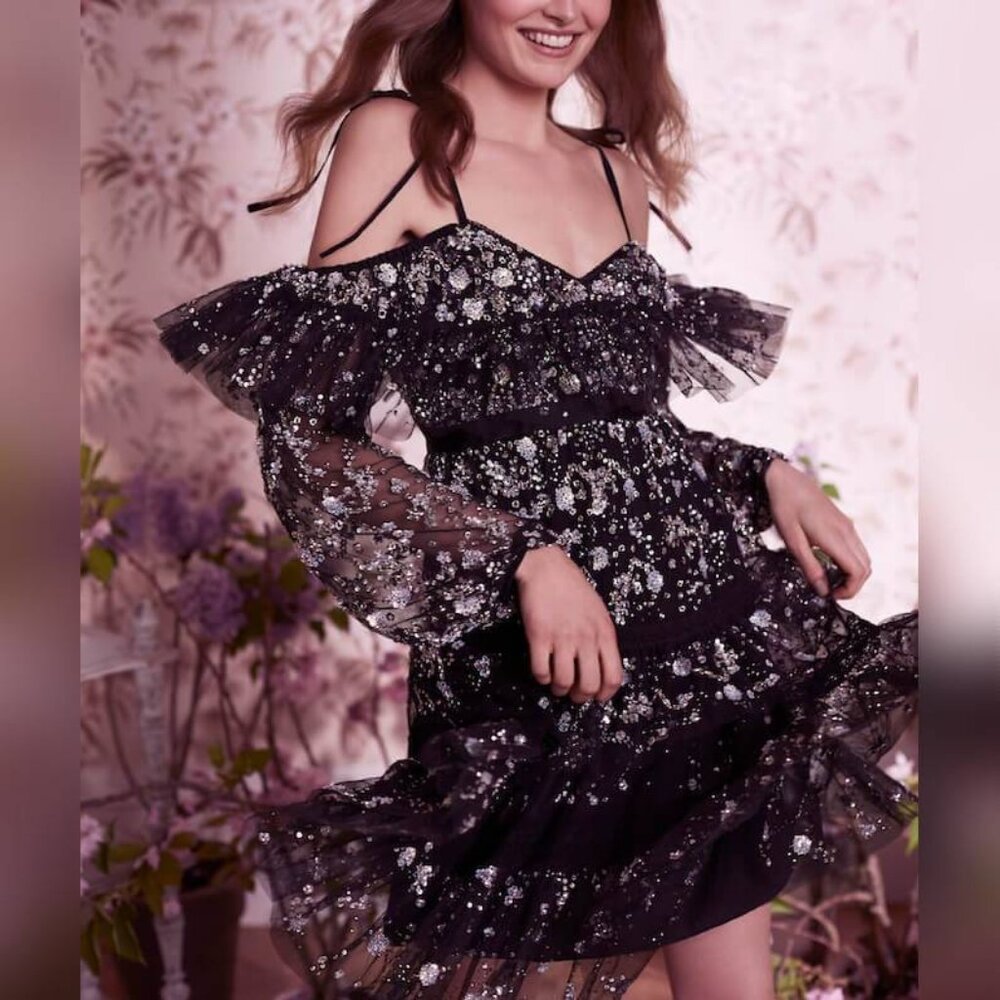 Needle & Thread Supernova Black Off-Shoulder Ruffle Embellished Tulle Mini Dress
